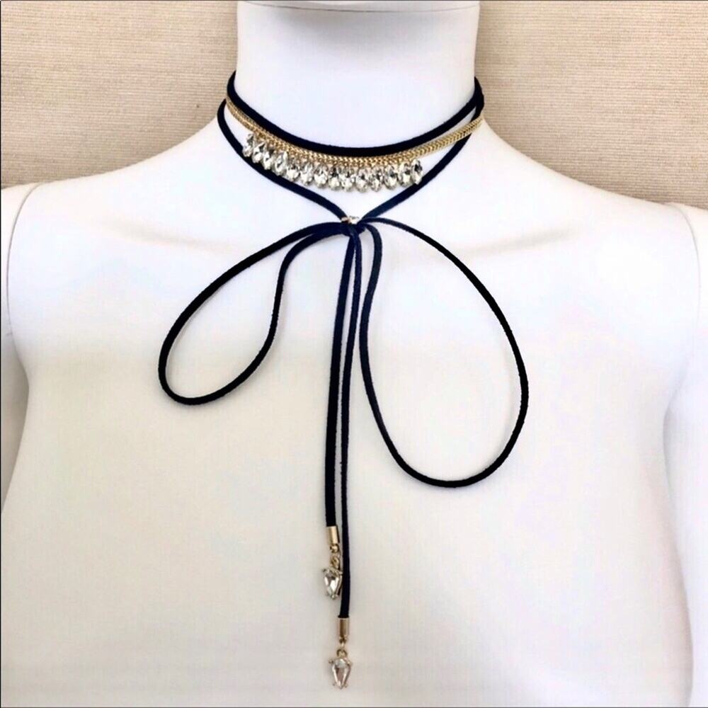 Lydell NWT Crystal Choker Gold Tone with Adjustable Suede Ties - Picture 3 of 5